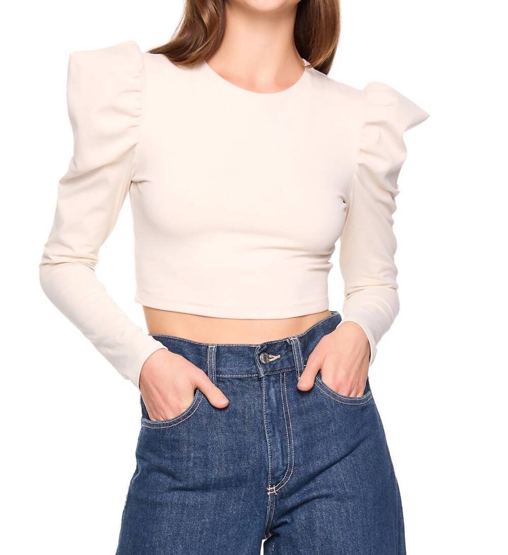 NEW SUSANA MONACO pleated crew long sleeve top in blanched almond